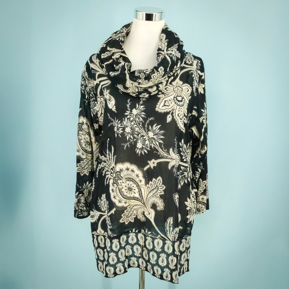 Gretchen Scott Size Large L Black Floral Print Cowl Long Sleeve Cotton Tunic Top
